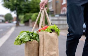 Reusable cloth shopping bag with fresh vegetables