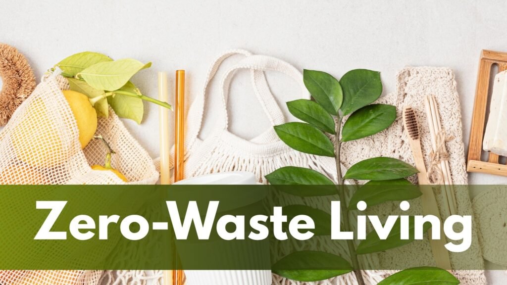 Zero-waste lifestyle essentials including reusable shopping bags, glass jars, and a stainless steel water bottle