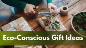 Eco-conscious gift ideas with reusable products, a potted plant, and recycled paper wrapping